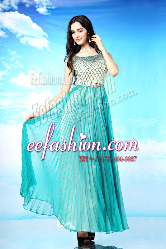  Scoop Turquoise Chiffon Side Zipper Evening Dress Sleeveless Floor Length Pleated