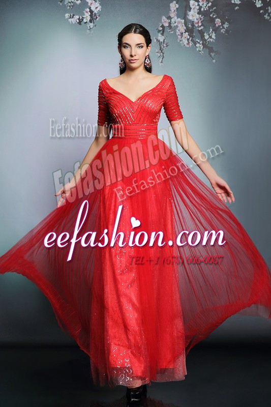 Pretty Red V-neck Neckline Sequins Evening Dress Short Sleeves Zipper