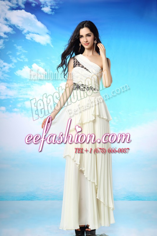  One Shoulder White Sleeveless Ankle Length Appliques and Ruffled Layers Side Zipper Prom Dresses