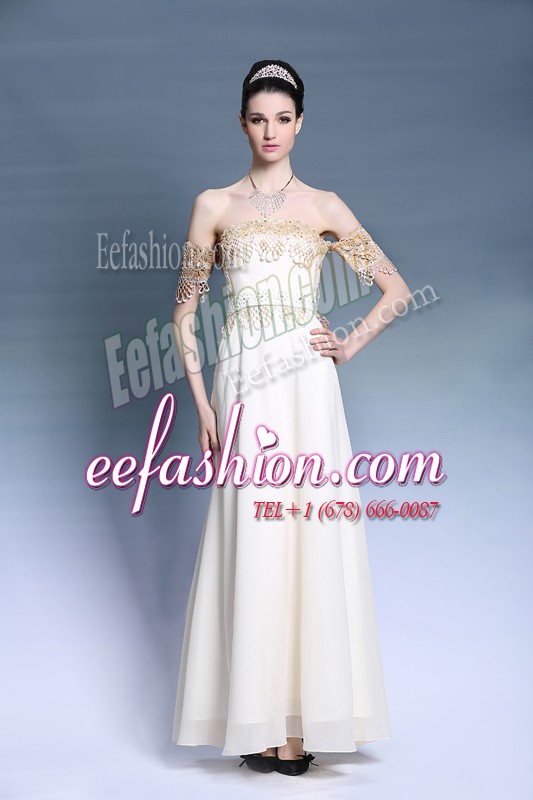  White Off The Shoulder Zipper Appliques Prom Evening Gown Short Sleeves