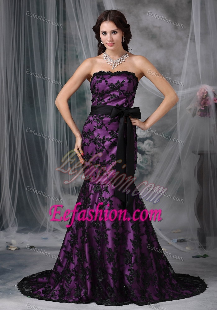 Black and Purple Mermaid Strapless Dresses for Prom Princess with Court Train
