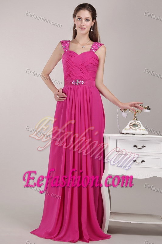 Fuchsia Empire Straps Long Chiffon Prom Dresses for Girls with Beads