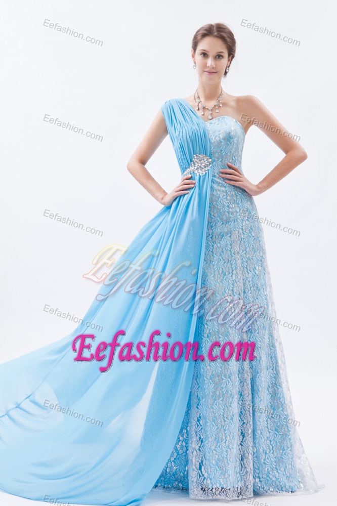 Lovely Baby Blue One Shoulder Beaded Prom Party Dress with Brush Train