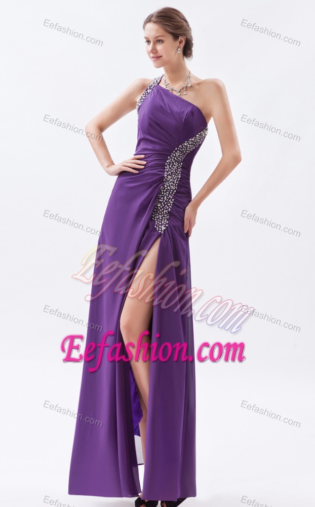 Impressive One Shoulder High Slit Purple Prom Pageant Dress with Beading