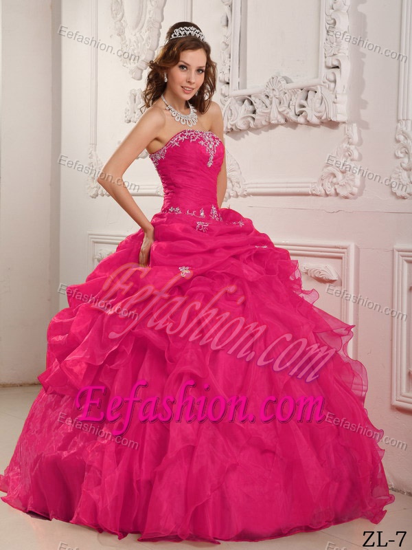 Coral Red Strapless Organza Beaded Quinceanera Dress with Ruffles for Cheap