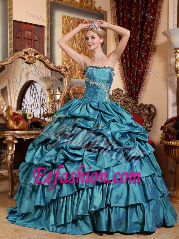 Classic Teal Strapless Quince Dresses in with Appliques and Pick-ups