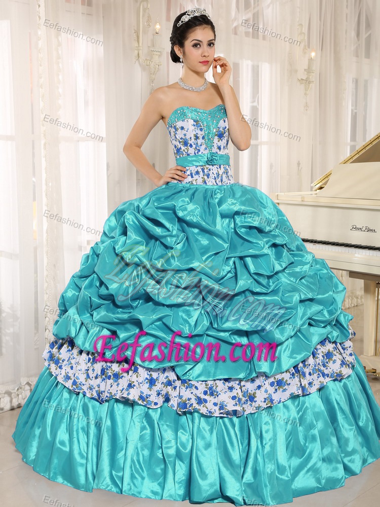 Sweetheart Printed Quinceanera Gowns with Beads and Pick-ups in Aqua Blue