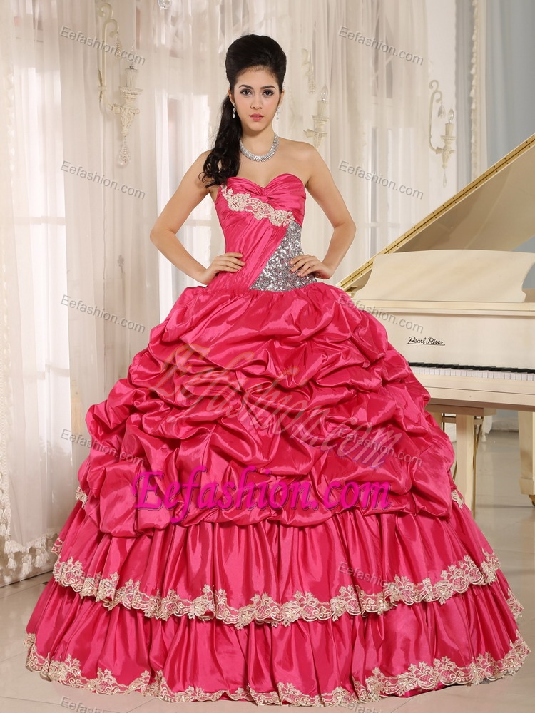 Red Beaded and Appliqued Sweet 16 Quince Dresses in with Pick-ups