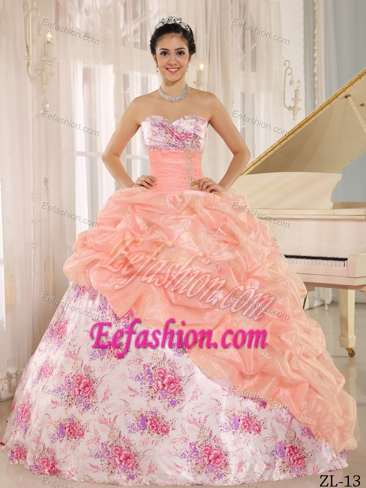 Printing Sweetheart Quinceanera Gown with Beads and Pick-ups on Promotion