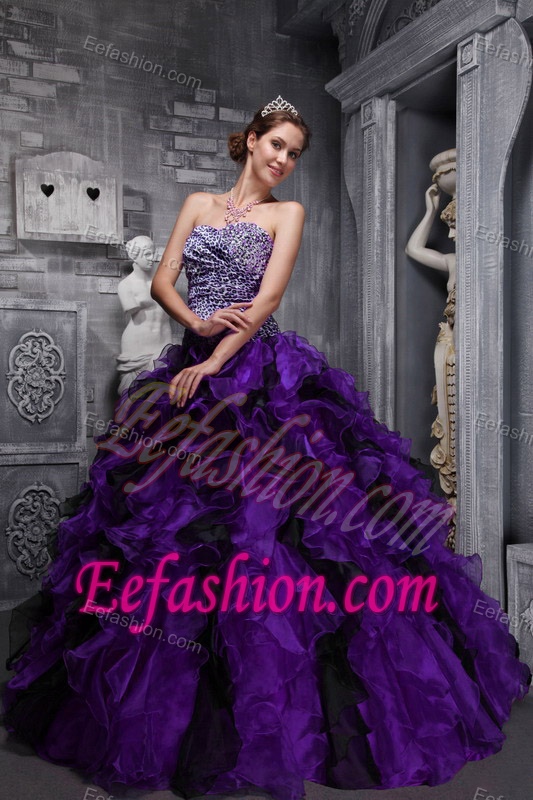 Pretty Leopard Sweetheart Quinceanera Gown with Ruffles in Purple and Black