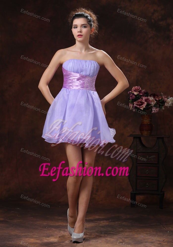 Unique Strapless Lace-up Lilac Organza Prom Formal Dresses in Mini-length