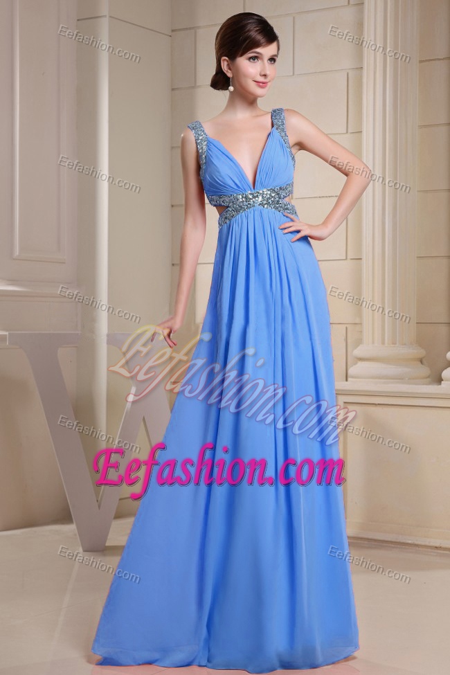 V-neck Ruched and Beaded Attractive Blue Dress for Prom in Floor-length