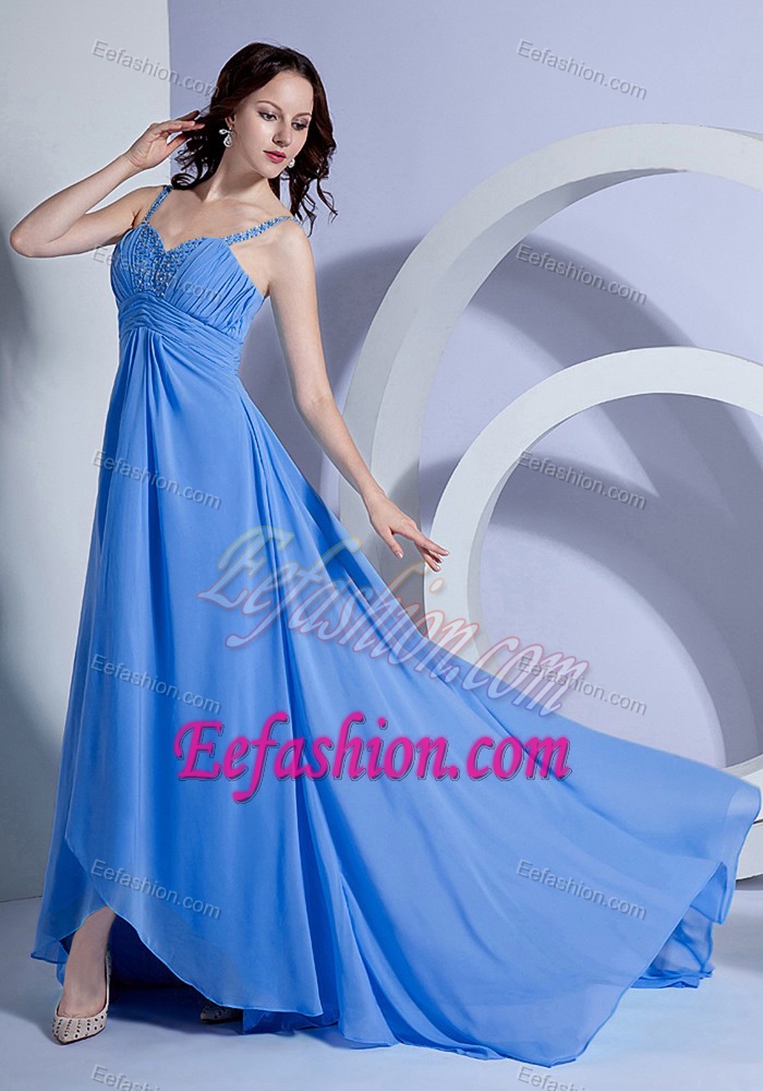 Ruched and Beaded Elegant Brush Train Light Blue Prom Dresses for Girls