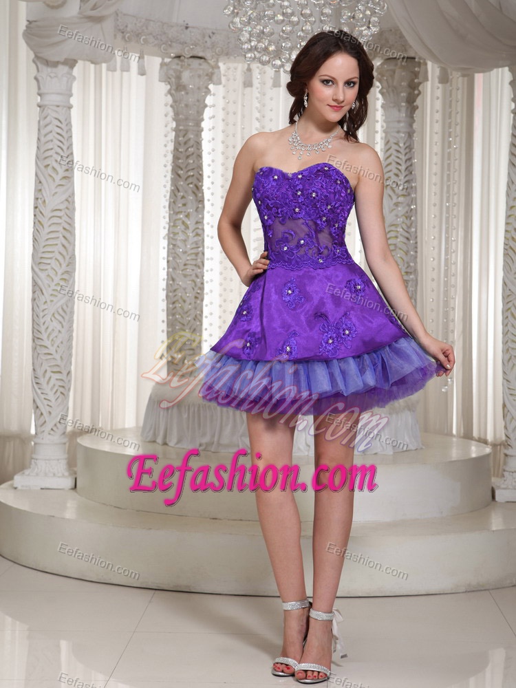 Luxurious Sweetheart Purple Organza Beaded Prom Dresses for Short Girls
