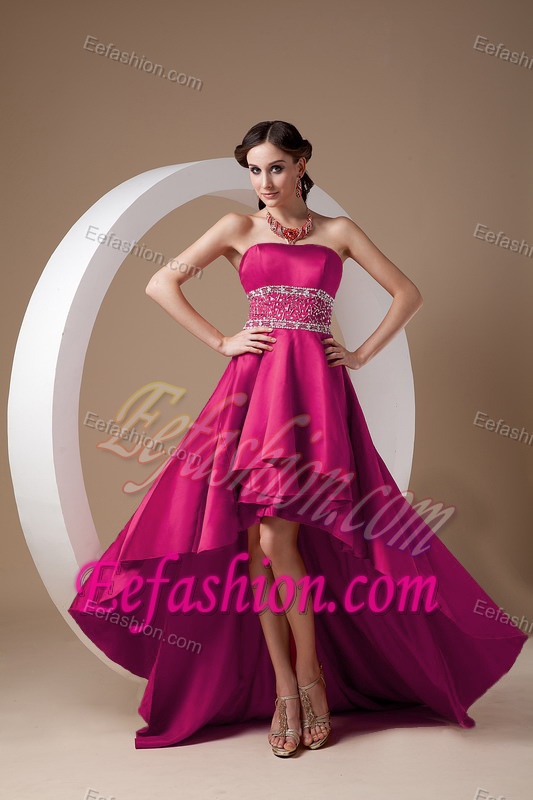 High-low Coral Red A-line Strapless Prom Dresses in Elastic Wove Satin