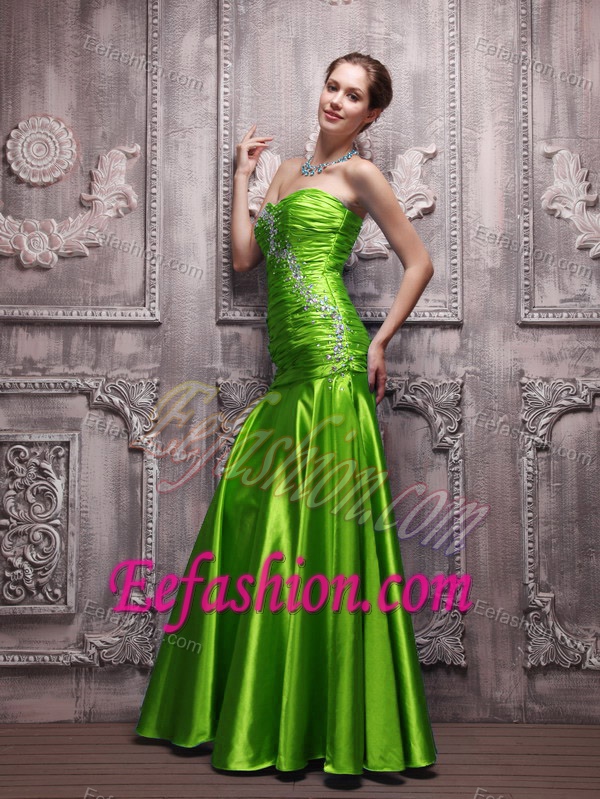 Spring Green Beaded and Ruched Sweetheart Informal Prom Dress