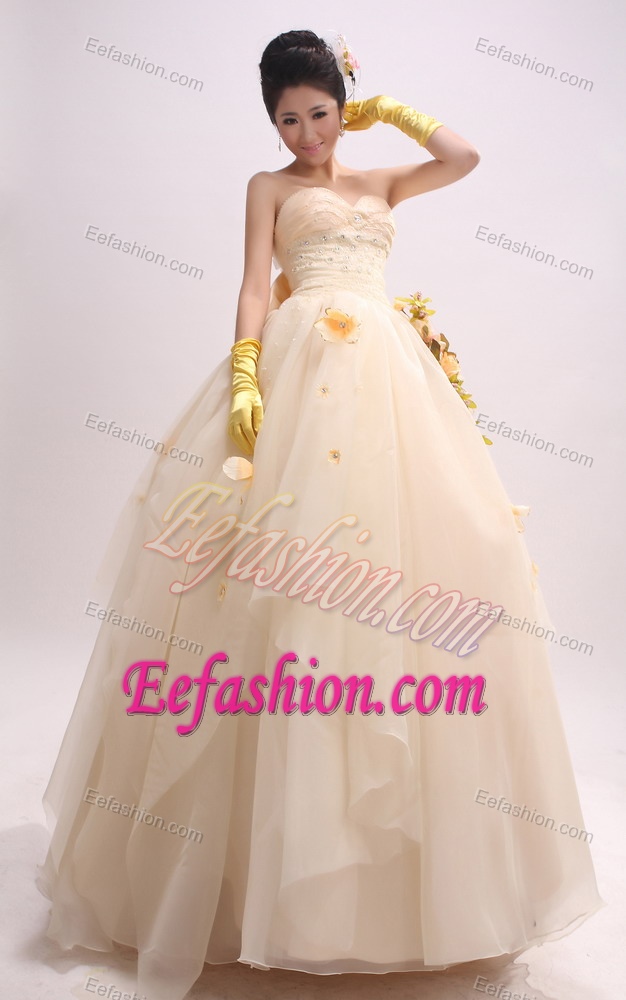 Champagne Organza Senior Prom Dress with Handle Flowers and Beading