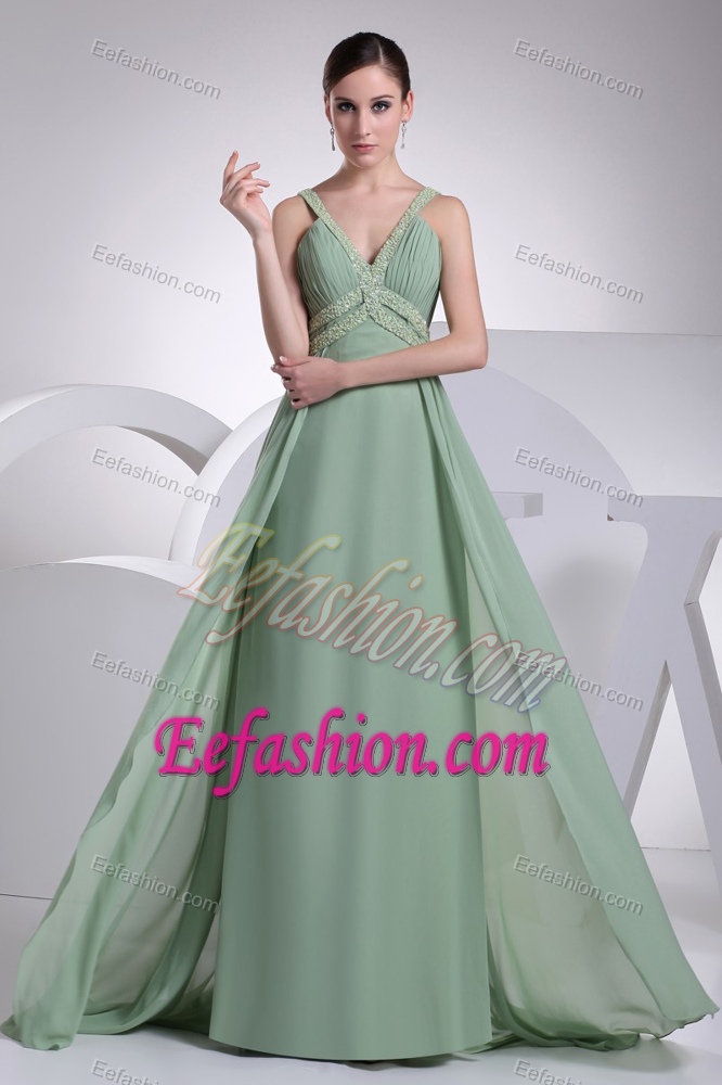 Modest Green Empire Beaded V-neck Prom Gown with Beading