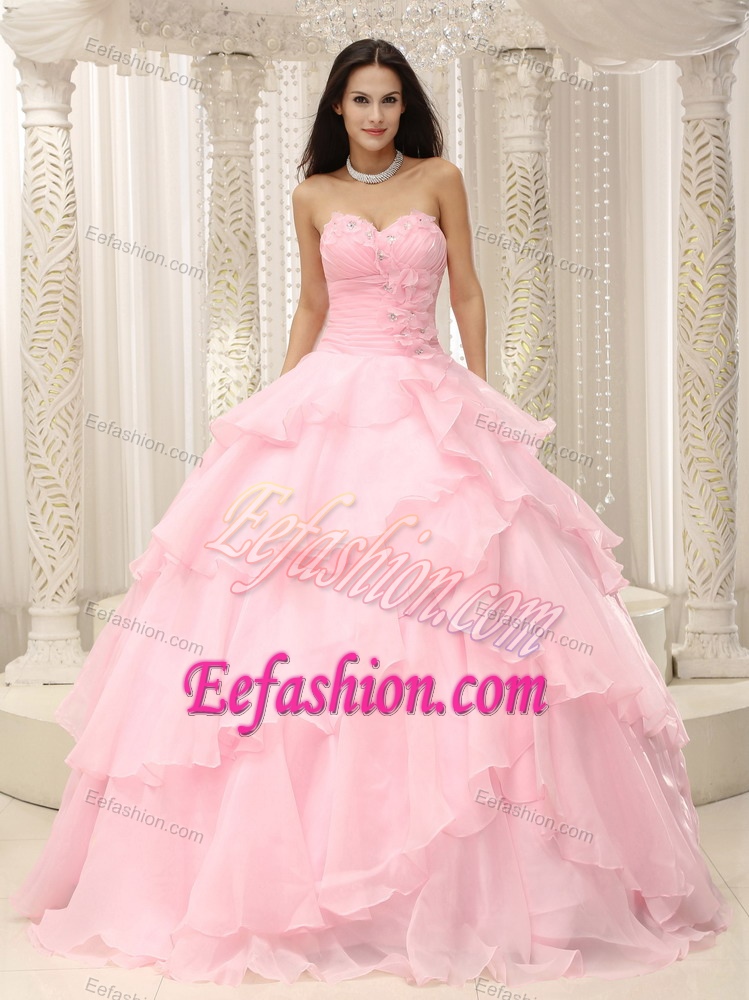 Layers Beading Hand Made Flower Baby Pink Quinceanera Gowns Dresses