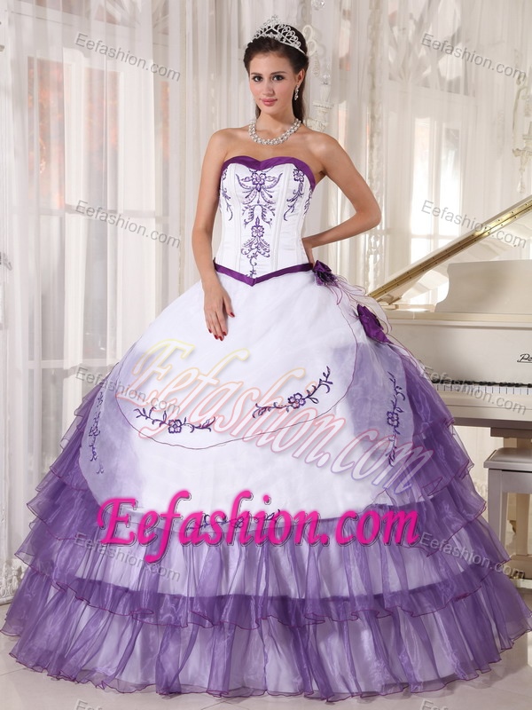 Fabulous White and Purple Sweetheart Embroidery Layered Dresses for 15