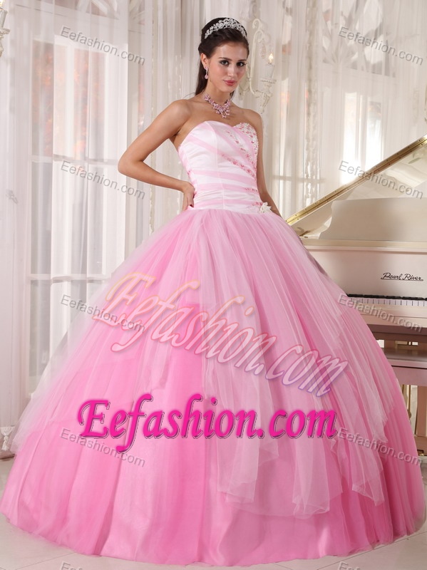Lovely Sweetheart Beads Pink Tulle Lace Up Back Dress for A Quinceanera
