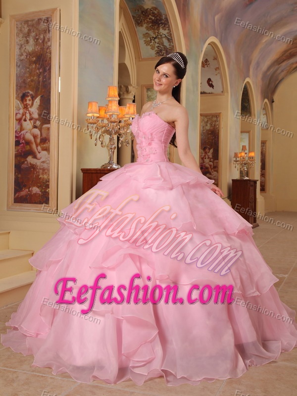 Layers Sweetheart Beading Flowers Pink Organza Sassy Quinces Dresses