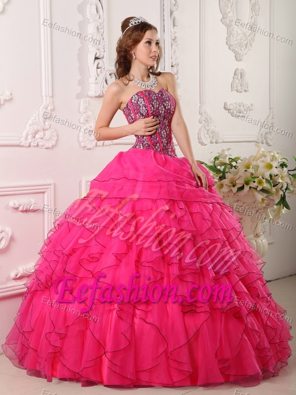 Beaded Sweetheart Ruffled Black Hem Hot Pink Organza Quinceanera Dress