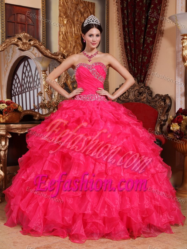 Organza Coral Red Lace Up Back Sweet 15 Dress with Ruffles and Beading