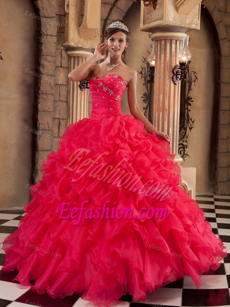 Ruffled Sweetheart Beading Coral Red Organza Ball Gown Quince Dresses