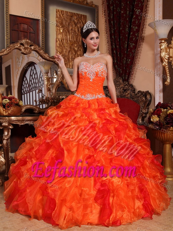Appliques Sweetheart Beading Orange Ruffled Organza Dress Quinceanera