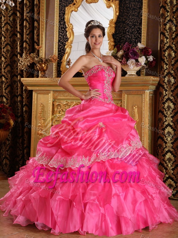 Layers Ruffled Strapless Applique Organza Full Length Dress 15 in Hot Pink