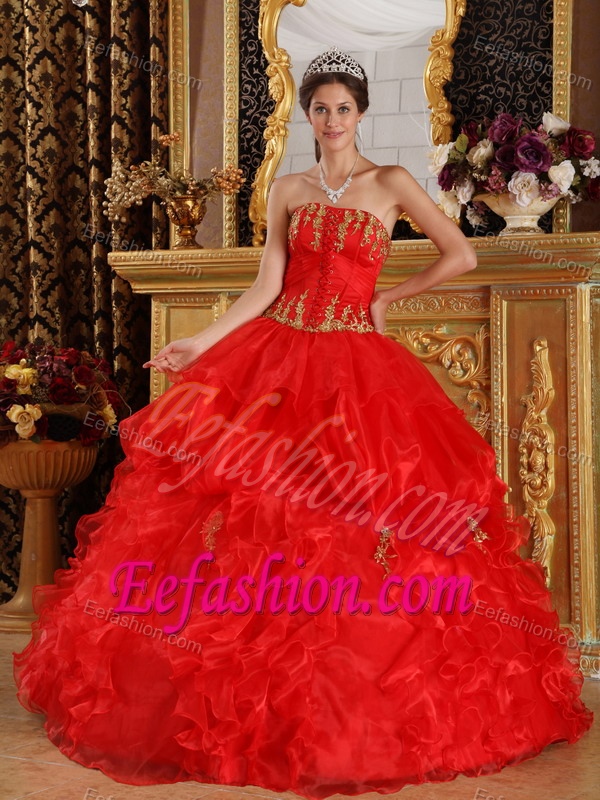 Strapless Appliques Ruffled Red Organza Latest Dresses for A Quinceanera