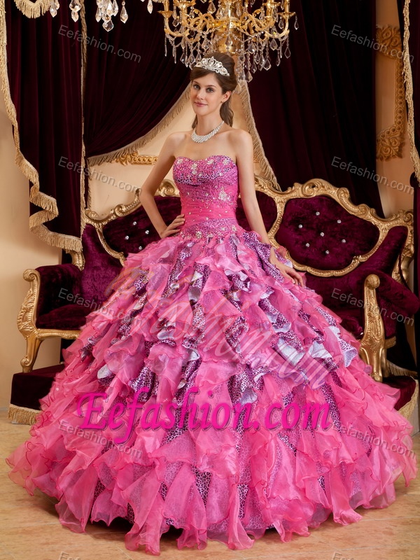 Leopard and Organza Beading Ruffled Quinceanera Ball Gowns in Hot Pink