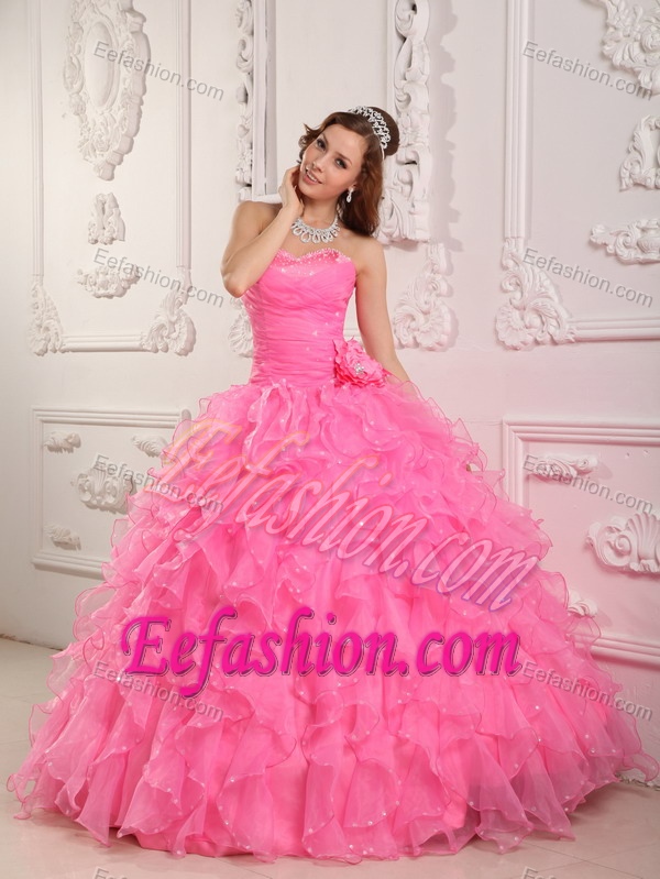 Sweetheart Beading Ruffled Flowers Rose Pink Organza Quinceanera Dress