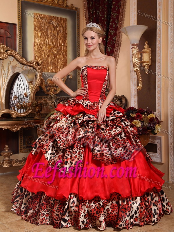 Lovely Red Strapless Dress for Quinceanera in and Leopard with Pick-ups