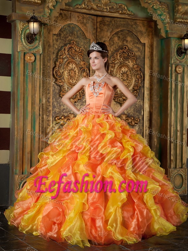 Fitted Orange Ball Gown Strapless Quinceaneras Dresses in Organza with Ruffles