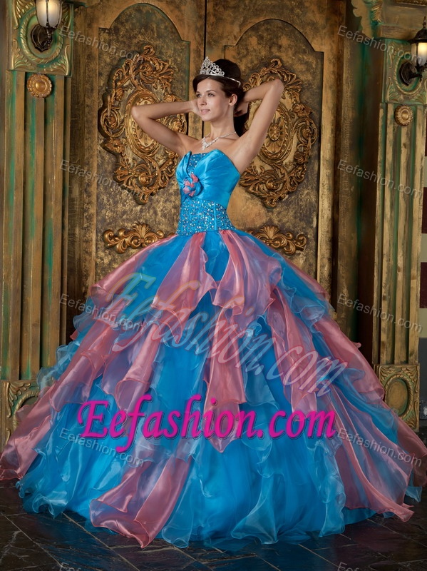 Simple Blue Strapless Long Organza Quince Dress with Beading and Ruffles