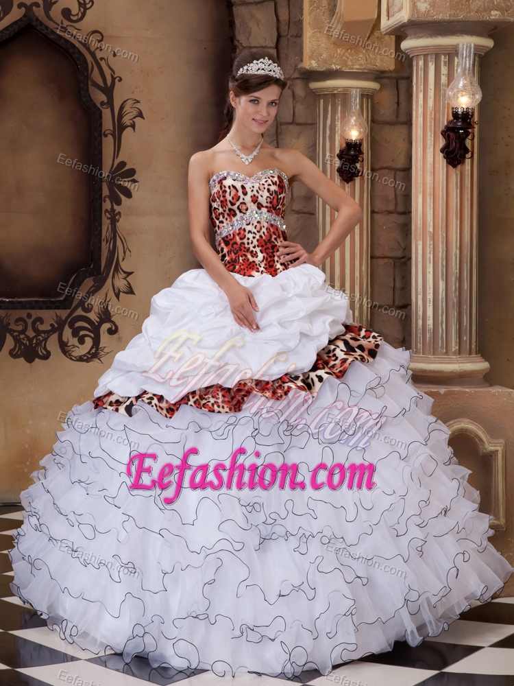 Fabulous White Organza and Leopard Ball Gown Sweetheart Quinceanera Gowns