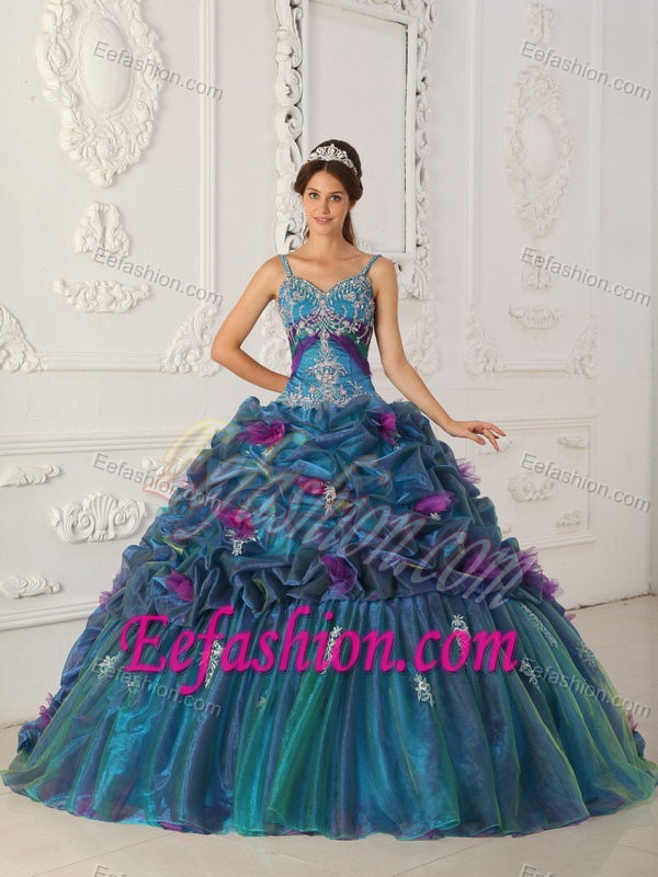 Beautiful Teal Ball Gown Straps Organza Sweet Sixteen Dresses with Chapel Train