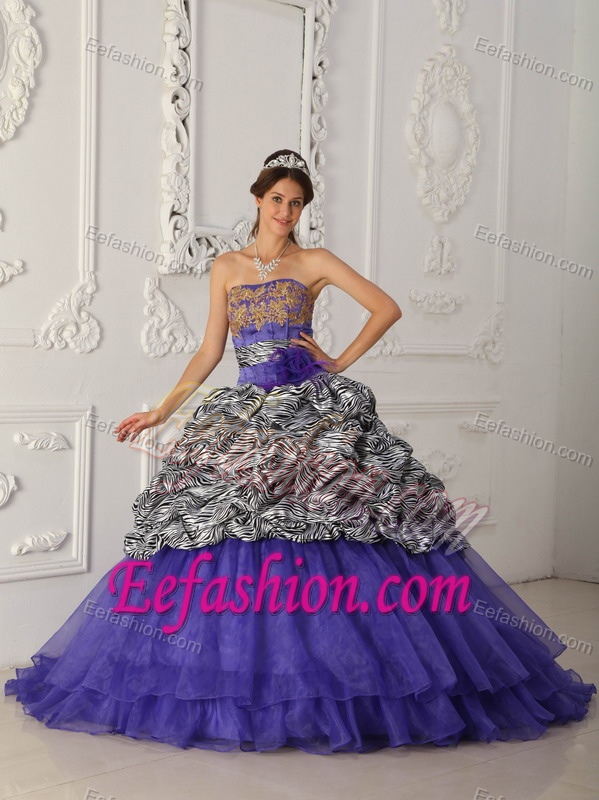 Fave Purple Strapless Quinceaneras Dress with Chapel Train in Zebra and Organza