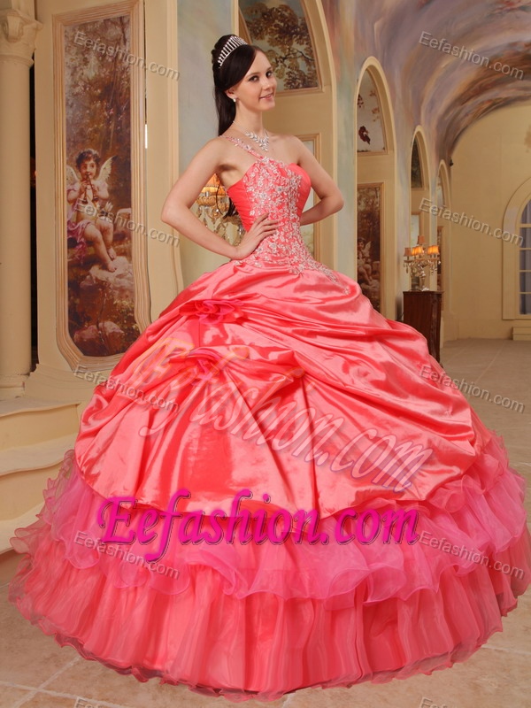 Trendy Coral Red Ball Gown One Shoulder Quinceaneras Dresses to Long