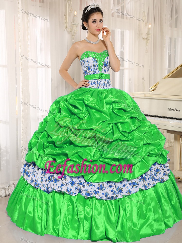 Beaded Spring Green Dress for a Quinceanera with Pick-ups in and Printing