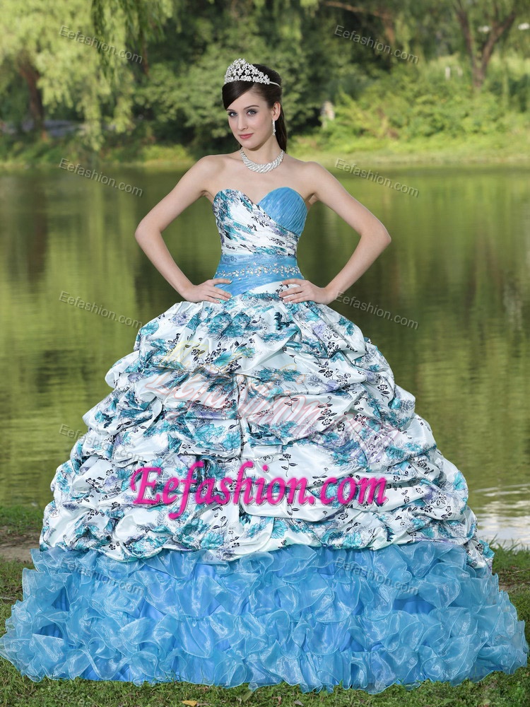 Beaded Quince Dresses in Colorful Printing and Organza with Pick-ups and Ruffles