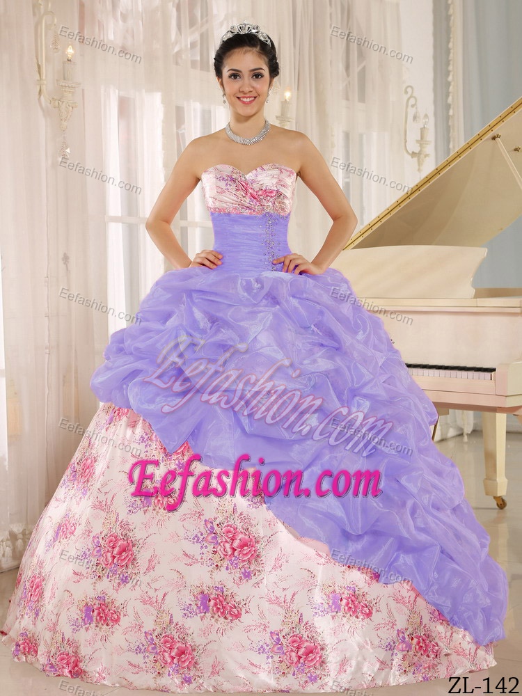 Bright Sweetheart Beaded Quinces Dresses with Pick-ups in Multi-color in Printing