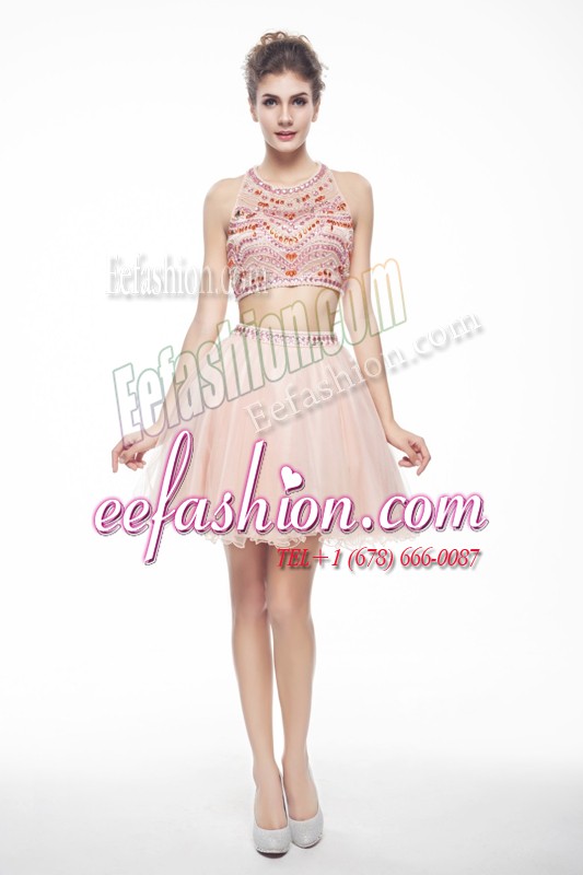  Peach A-line Scoop Sleeveless Chiffon Knee Length Backless Beading Prom Dress