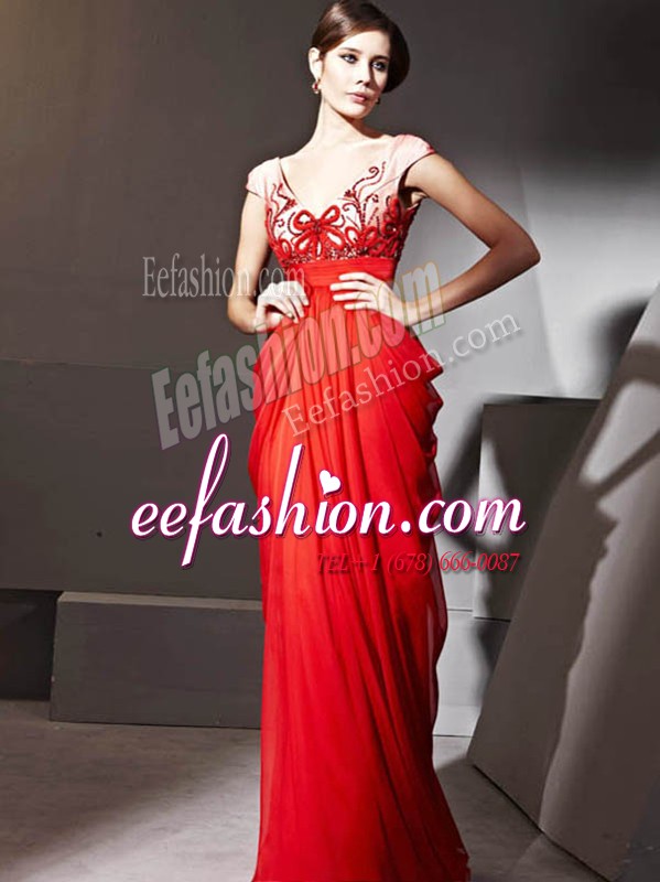 Gorgeous Red Zipper Prom Evening Gown Beading and Appliques and Ruching Cap Sleeves Floor Length