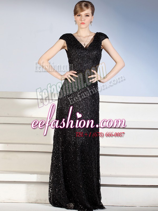 Fantastic Black Side Zipper V-neck Beading and Lace Dress for Prom Lace Cap Sleeves Brush Train