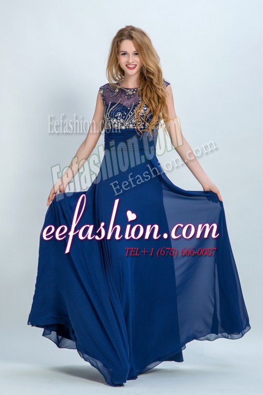  Scoop Floor Length Zipper Formal Evening Gowns Navy Blue for Prom and Party with Beading