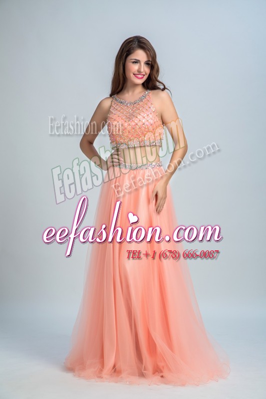 Spectacular Scoop Sleeveless Prom Dress Floor Length Beading and Belt Peach Chiffon