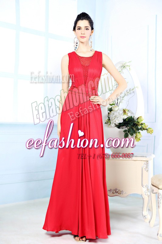  Scoop Red Sleeveless Ruching Floor Length Evening Dress